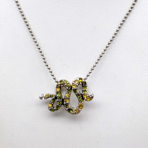 Jewelry - Vintage Pave Crystal Coiled Snake Pendant Necklace, Yellow and Green on Silver T